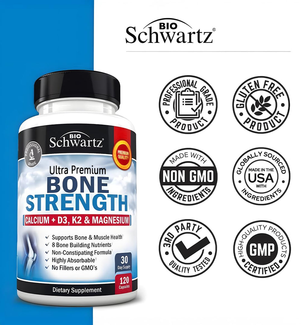 BioSchwartz Bone Strength packaging highlights no fillers or preservatives