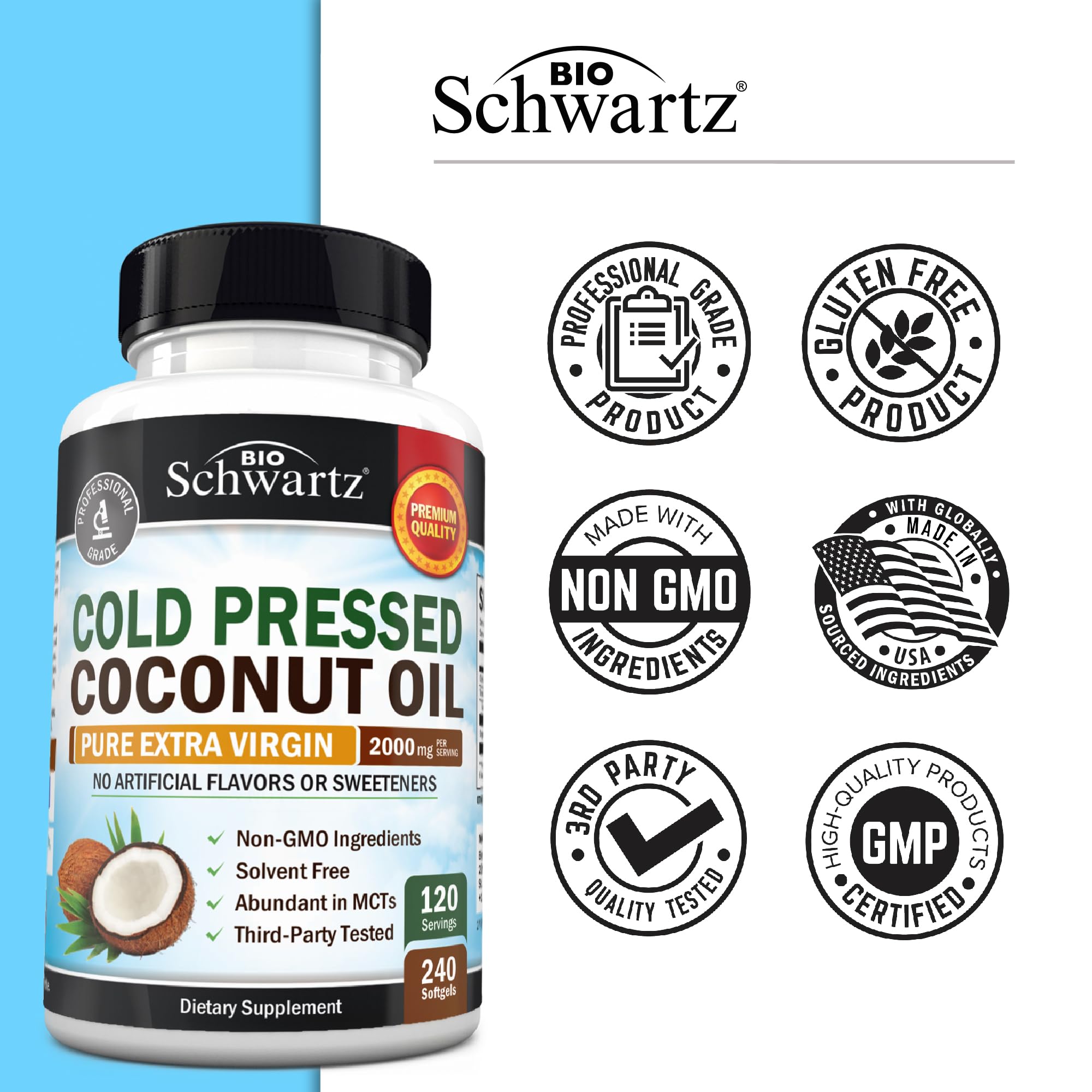 BioSchwartz coconut oil capsules on a kitchen counter, showcasing versatility.