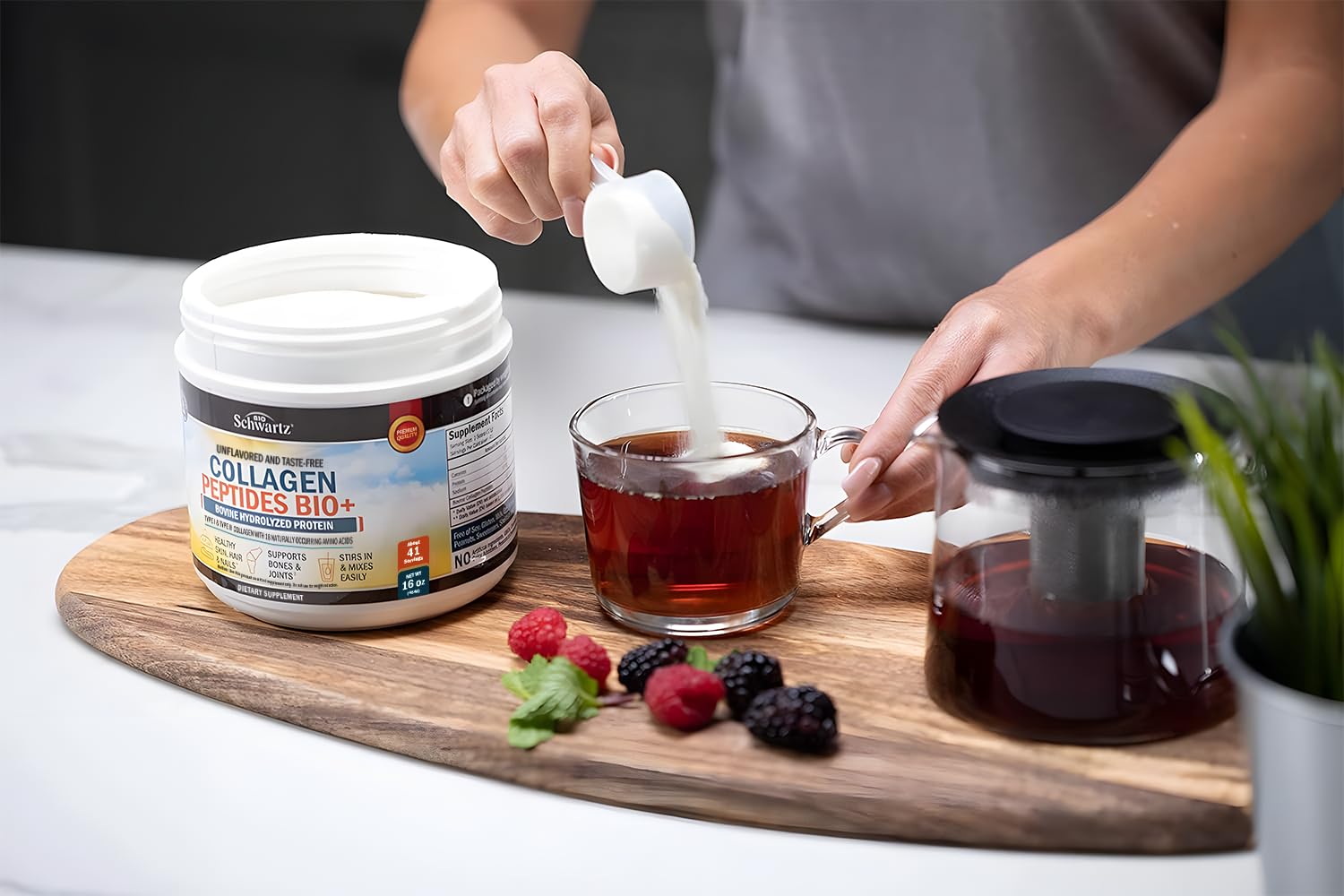 BioSchwartz collagen powder blends into coffee for a smooth morning routine.