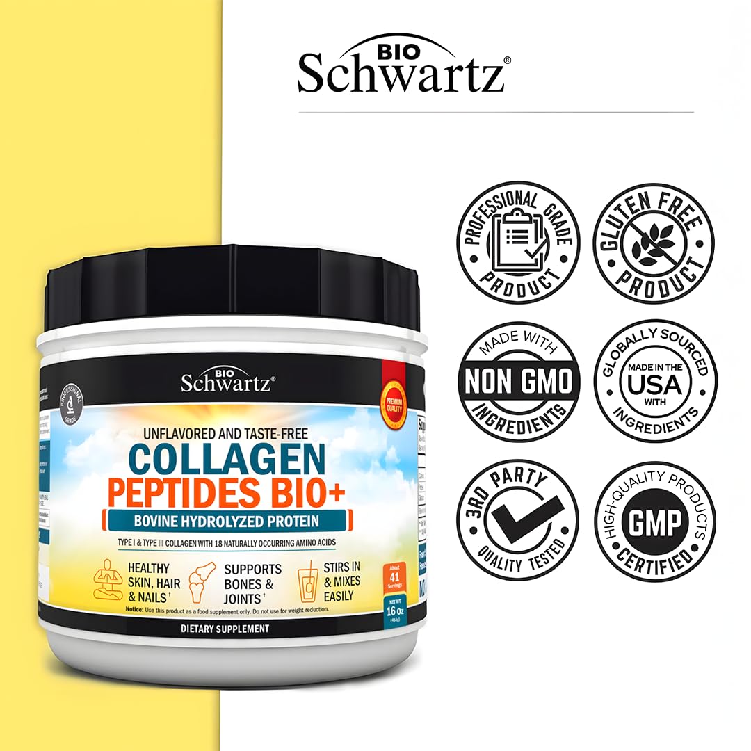 BioSchwartz collagen powder in a glass, easy to dissolve in drinks.
