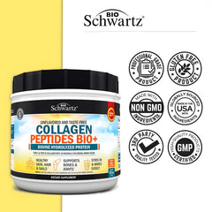 BioSchwartz collagen powder in a glass, easy to dissolve in drinks.