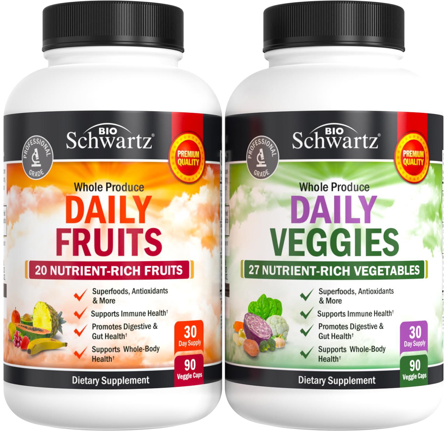 BioSchwartz Daily Fruits and Vegetables bottle on display for convenient daily wellness
