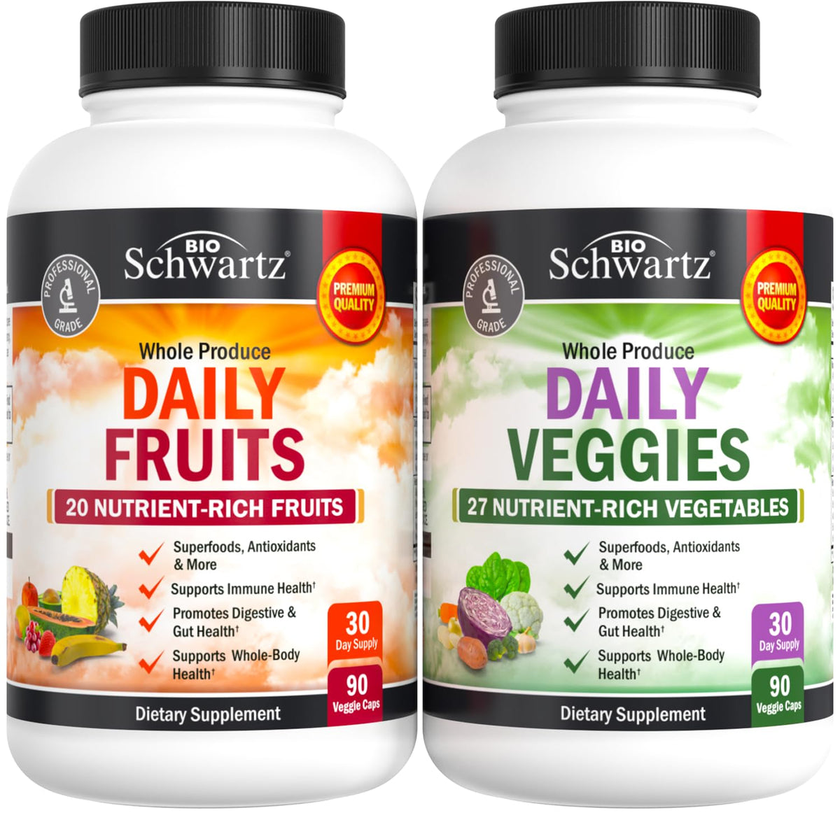 BioSchwartz Daily Fruits and Vegetables bottle on display for convenient daily wellness
