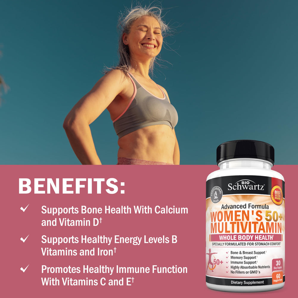 BioSchwartz Daily Multivitamin for Women 50+ bottle pour demonstrating easy daily routine.