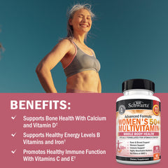 BioSchwartz Daily Multivitamin for Women 50+ bottle pour demonstrating easy daily routine.