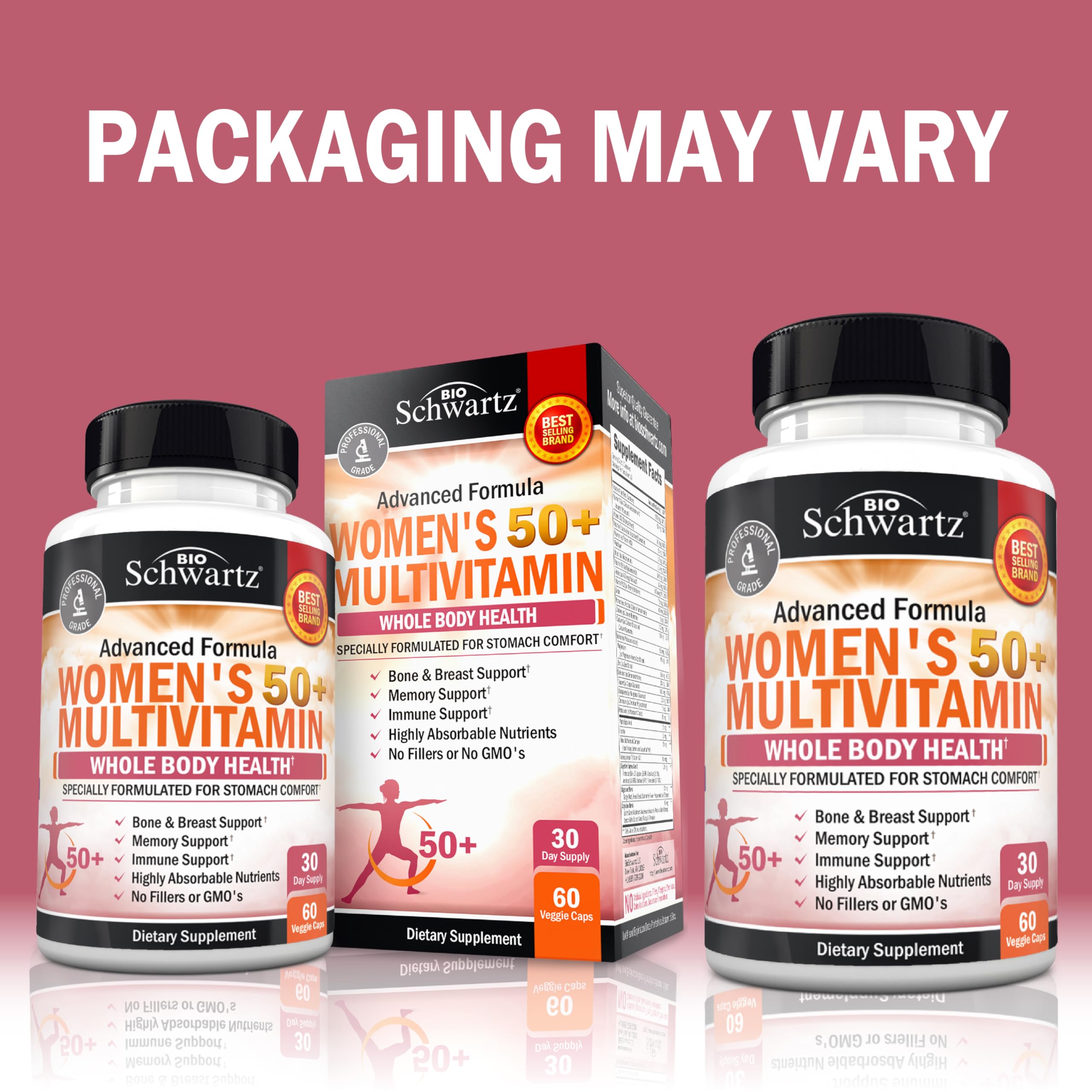 BioSchwartz Daily Multivitamin 50+ capsules closeup shows memory support and cognitive wellness.
