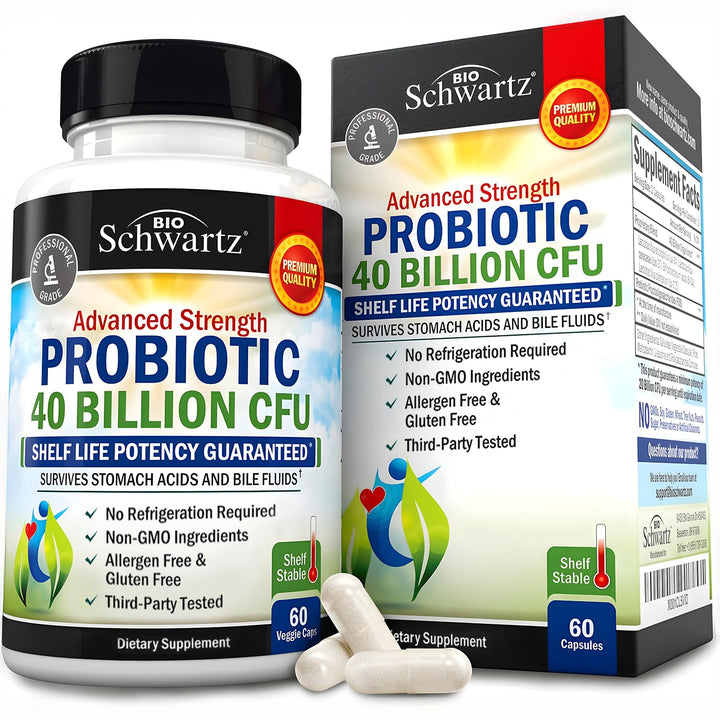 BioSchwartz Daily Probiotic bottle front promotes daily gut balance on the go