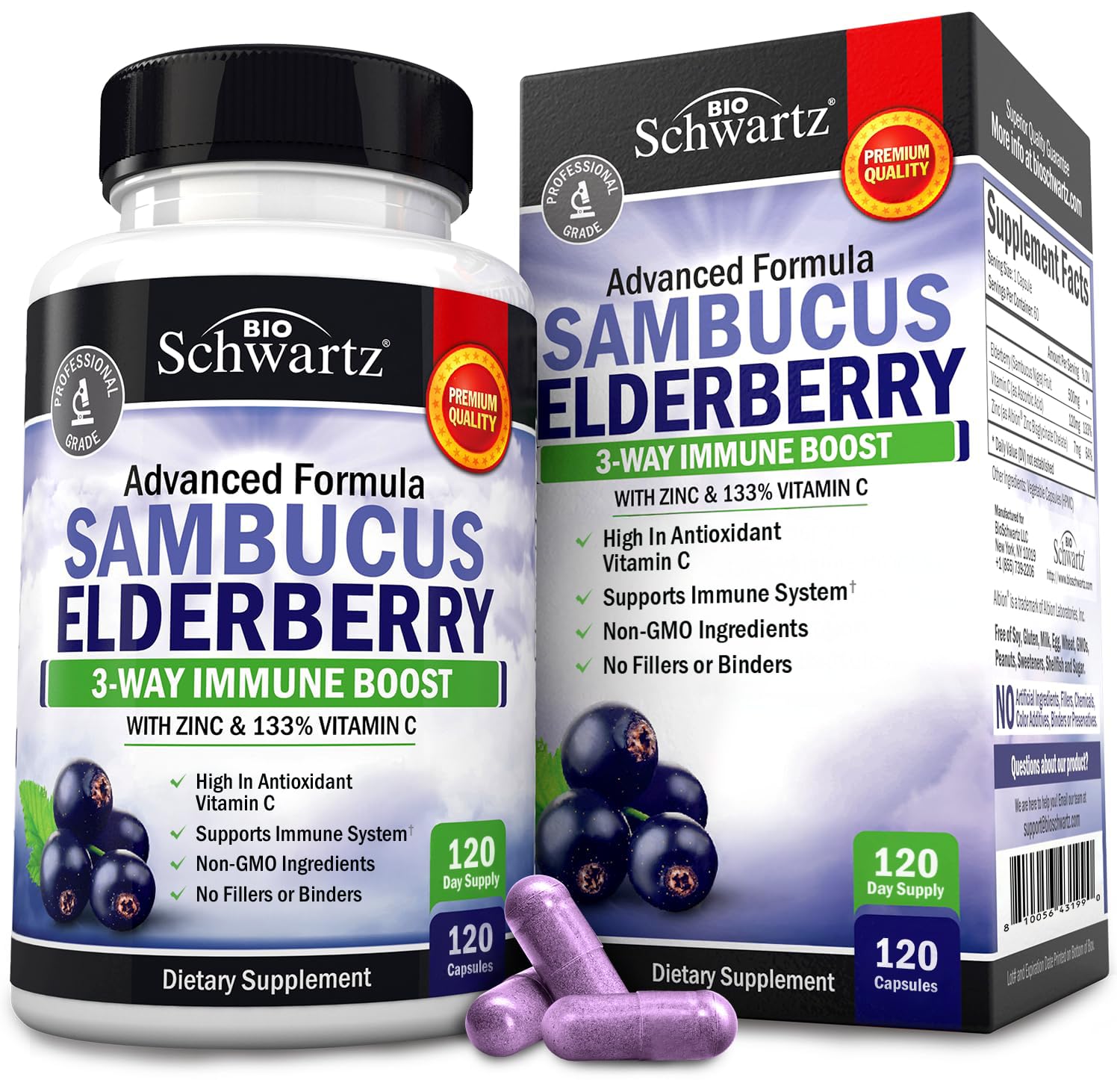 BioSchwartz elderberry capsules bottle front for daily immune support with zinc and vitamin C