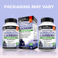 Close-up of BioSchwartz elderberry capsules label highlighting ingredients