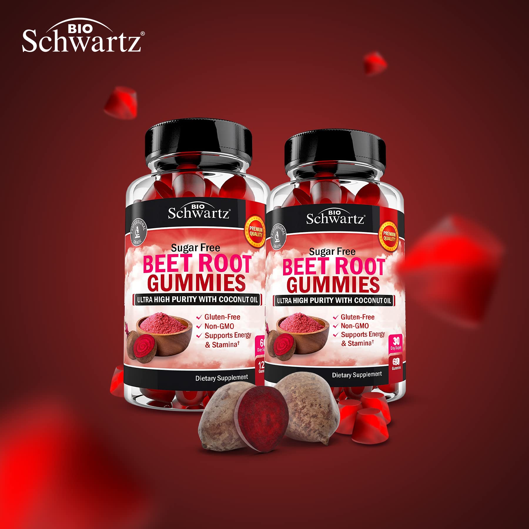 BioSchwartz beet root gummies bottle label highlights coconut oil for absorption.