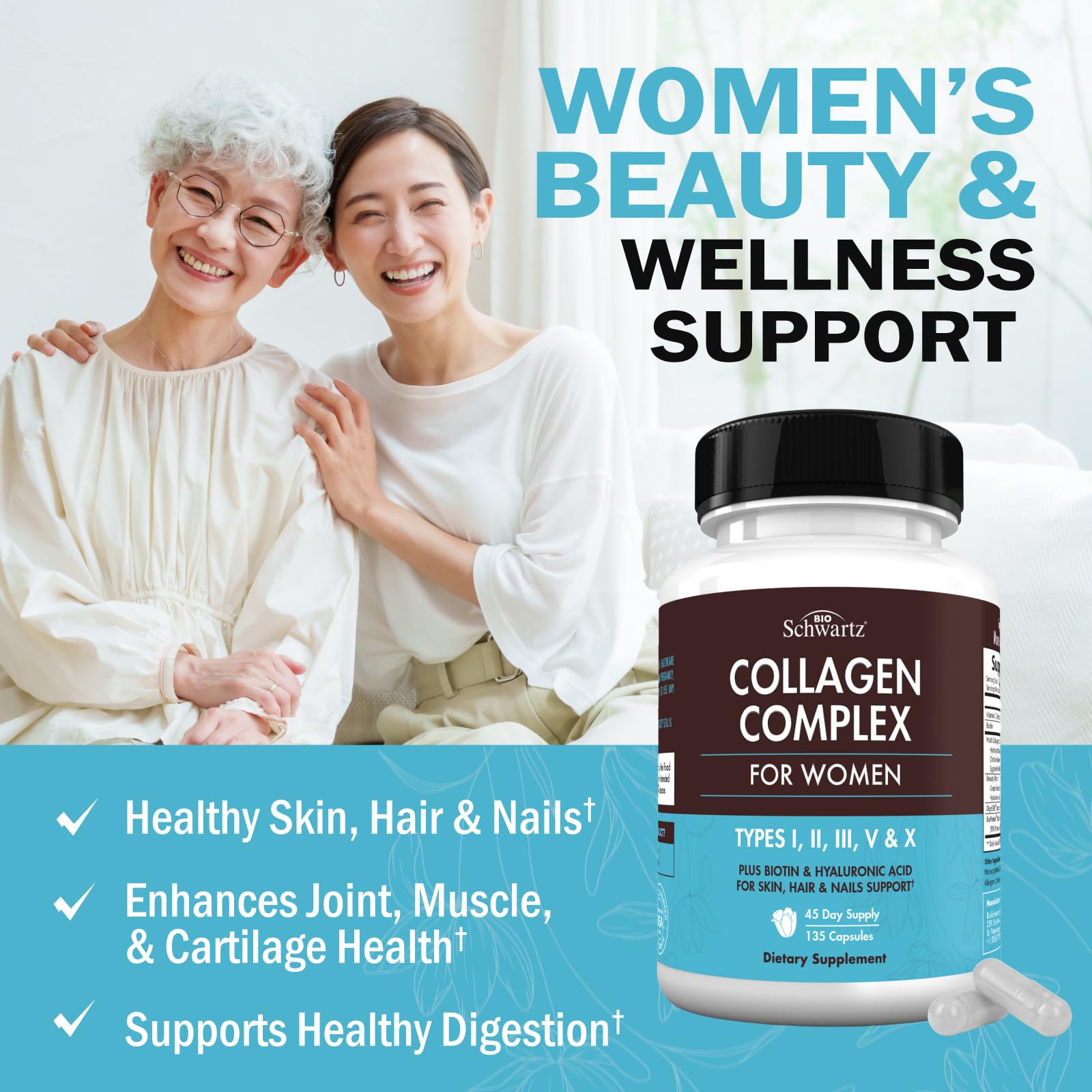 BioSchwartz hydrolyzed collagen capsules closeup pills for hair and nail strength.