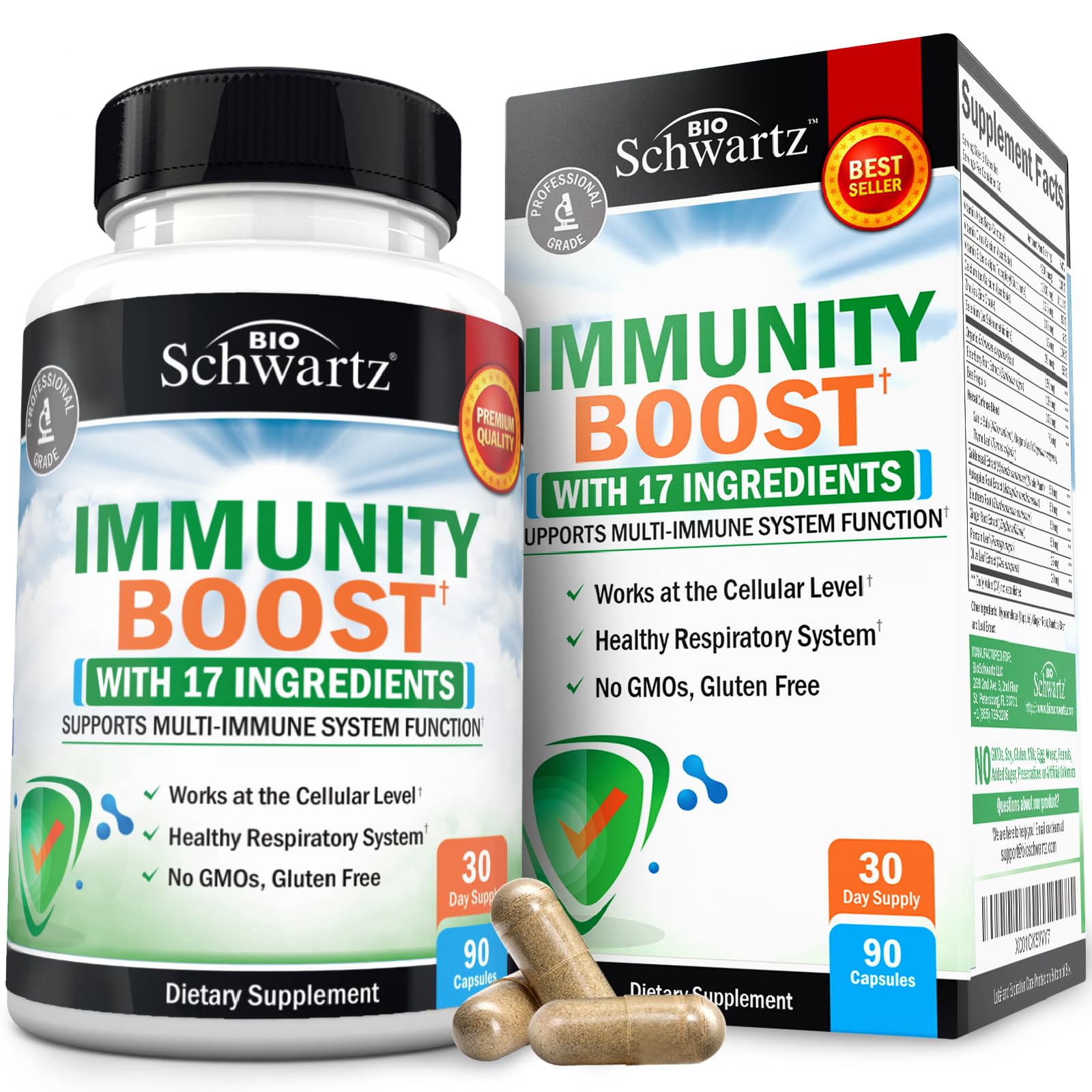 BioSchwartz Immune Support bottle front showing label and 90 capsules for daily immune upkeep.