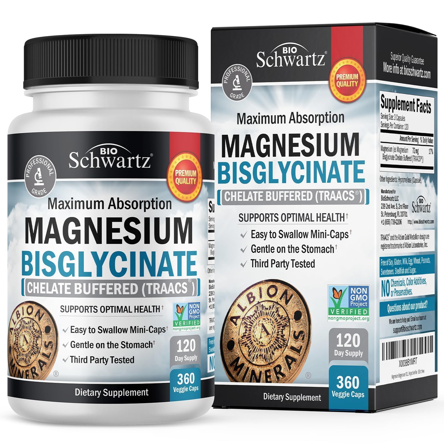 BioSchwartz Magnesium Bisglycinate bottle front view, ready for daily magnesium support.
