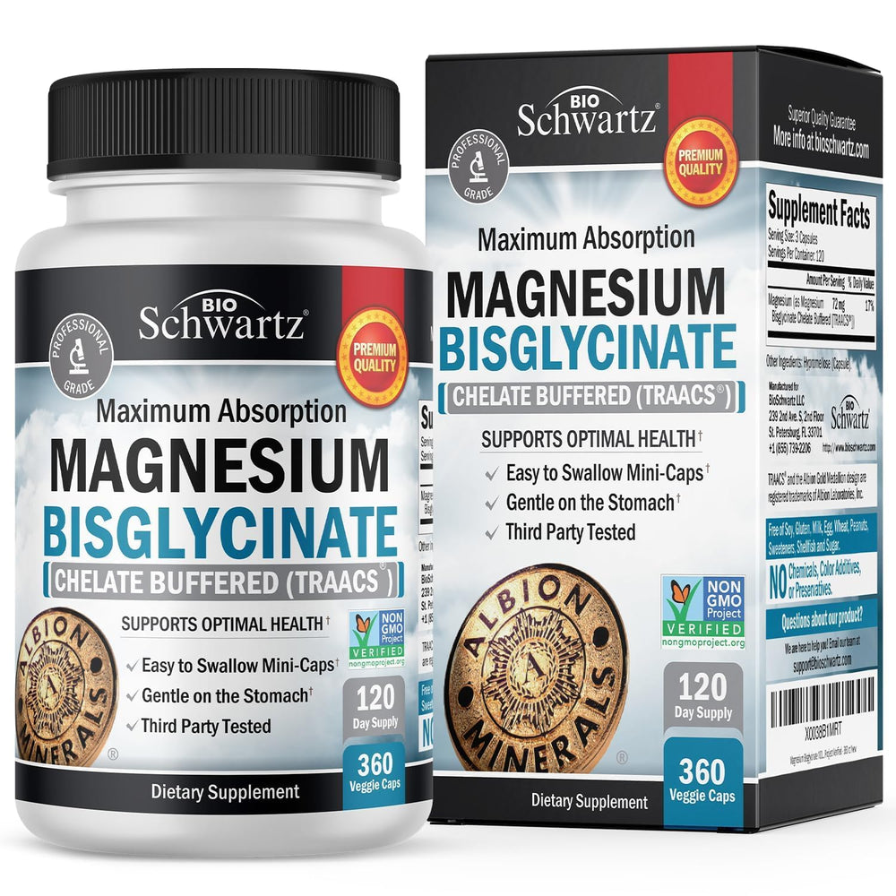 BioSchwartz Magnesium Bisglycinate bottle front view, ready for daily magnesium support.
