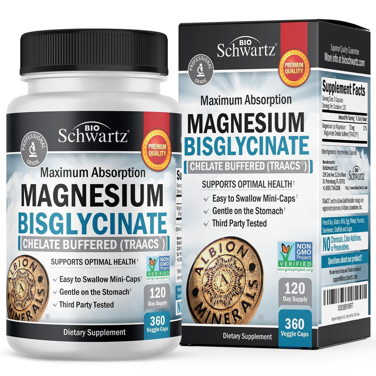 BioSchwartz Magnesium Bisglycinate bottle front view, ready for daily magnesium support.