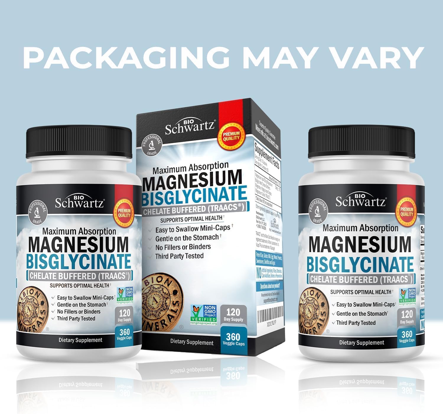 BioSchwartz Magnesium Bisglycinate label detail highlights vegan, non-GMO formula.