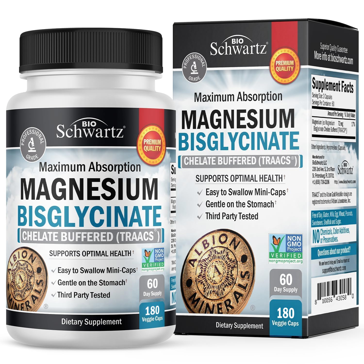 BioSchwartz magnesium bisglycinate mini-capsules for easy swallowing and high absorption.