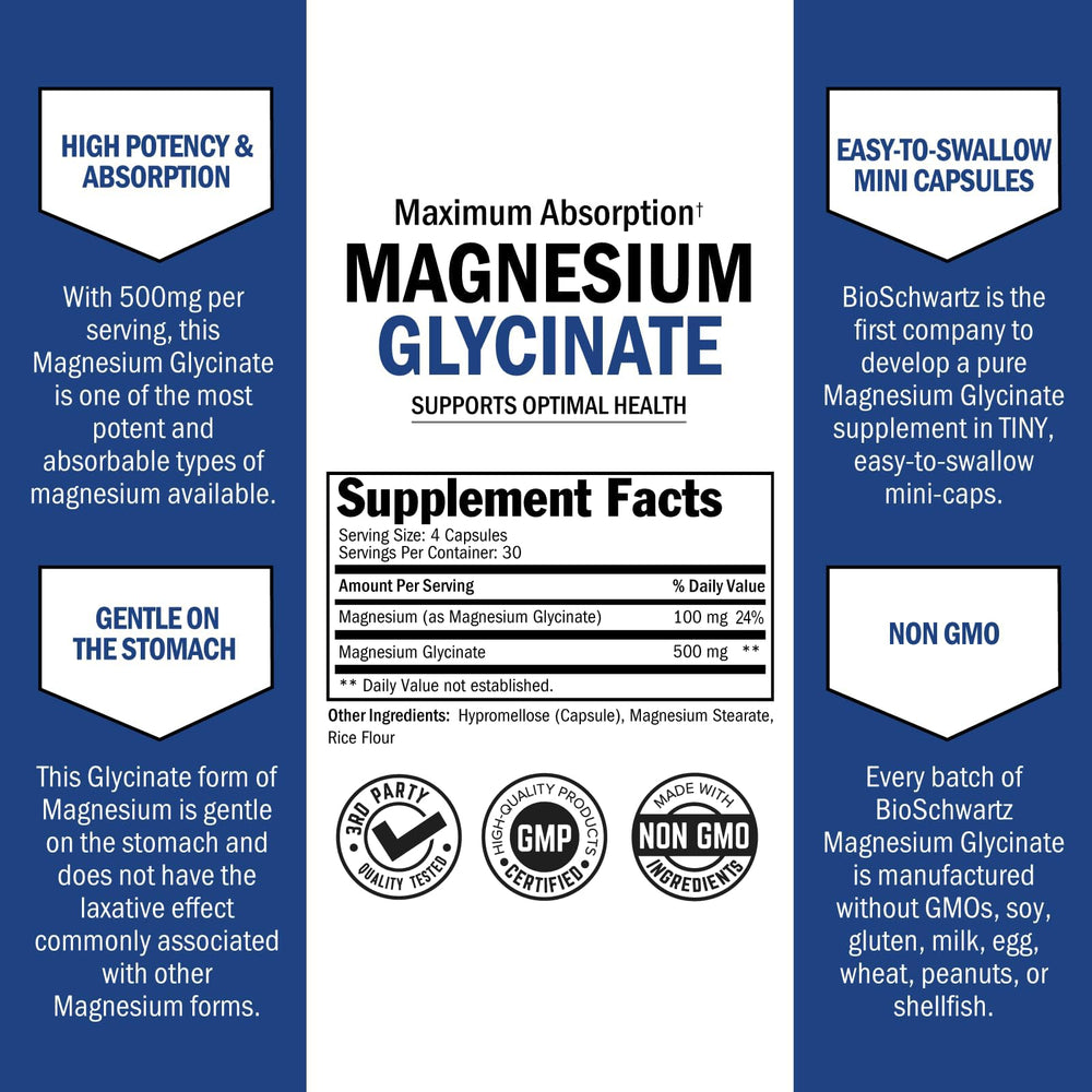 BioSchwartz magnesium glycinate label detail emphasizing purity and vegan, gluten-free attributes.