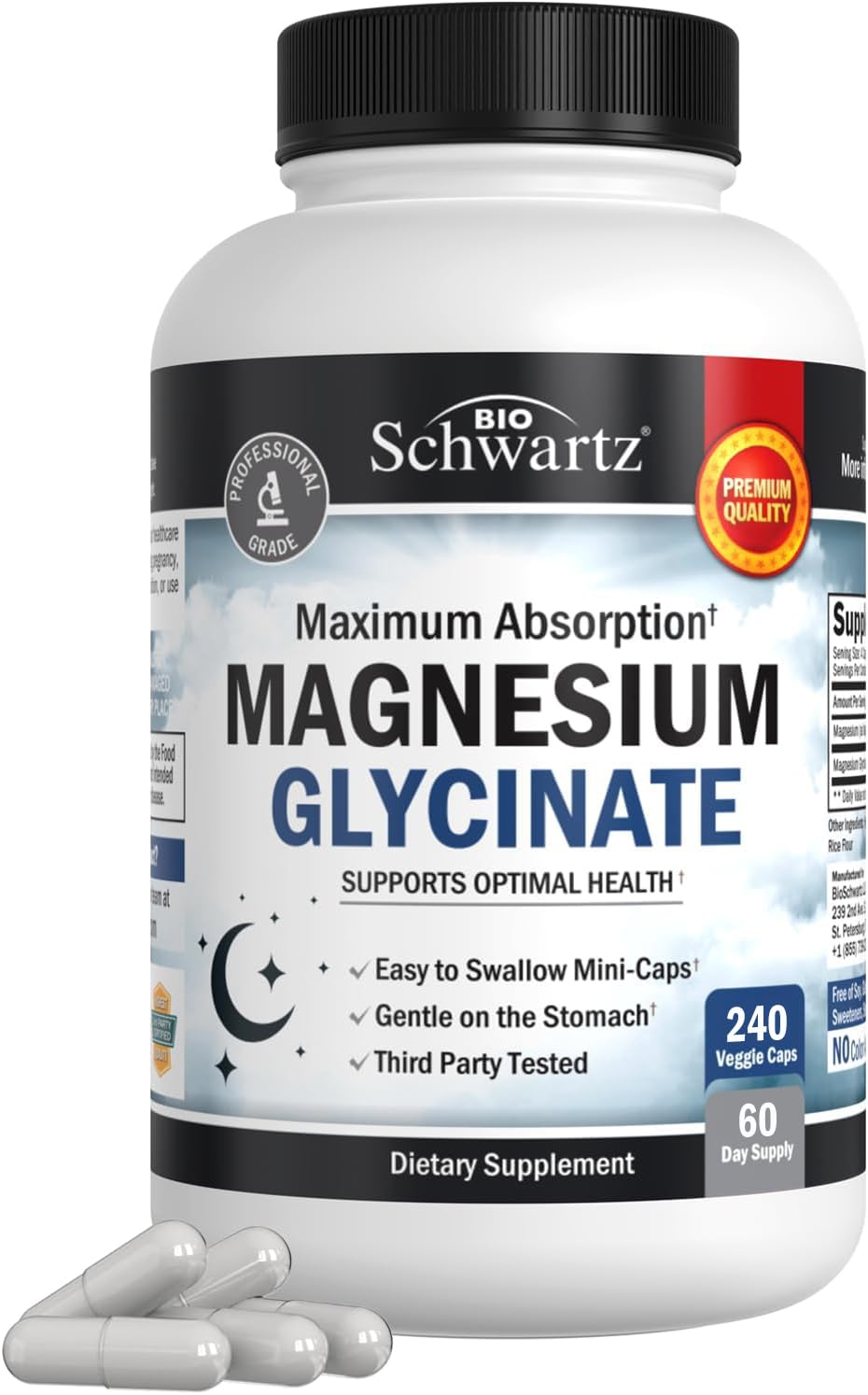 BioSchwartz Magnesium Glycinate 500mg mini-capsules, easy to swallow and highly absorbable.