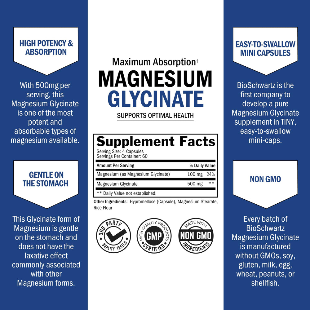 BioSchwartz Magnesium Glycinate supports overnight sleep quality and relaxed nerves.