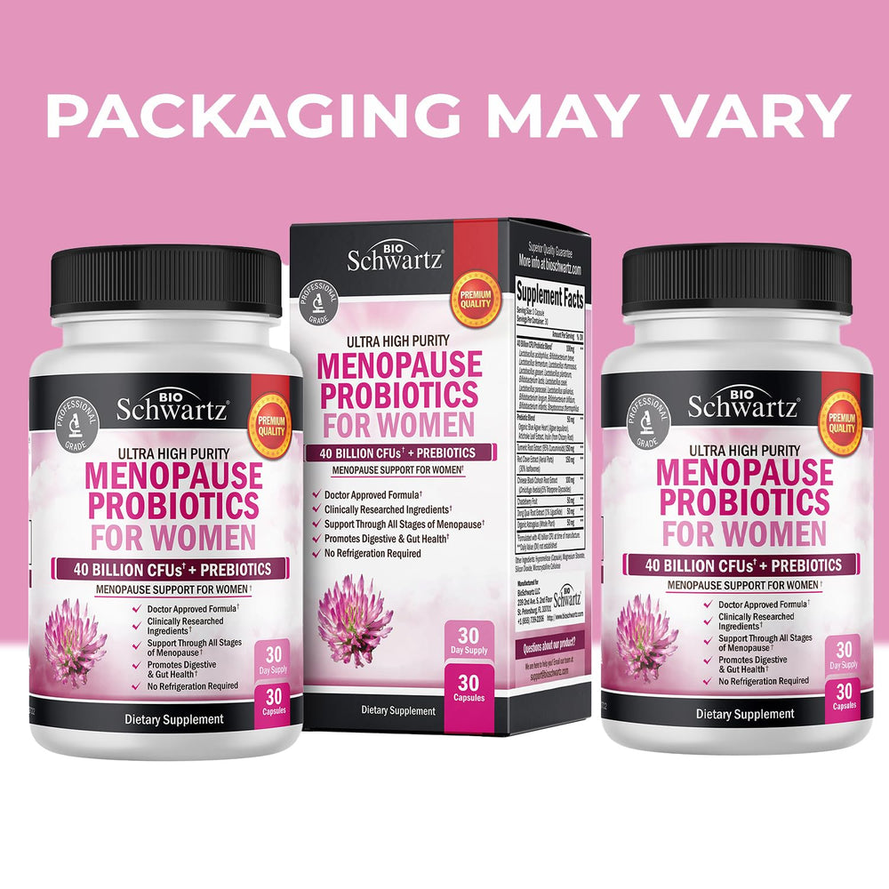 BioSchwartz Menopause Probiotics bottle side highlights 30 capsules and shelf-stable convenience.