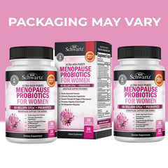 BioSchwartz Menopause Probiotics bottle side highlights 30 capsules and shelf-stable convenience.