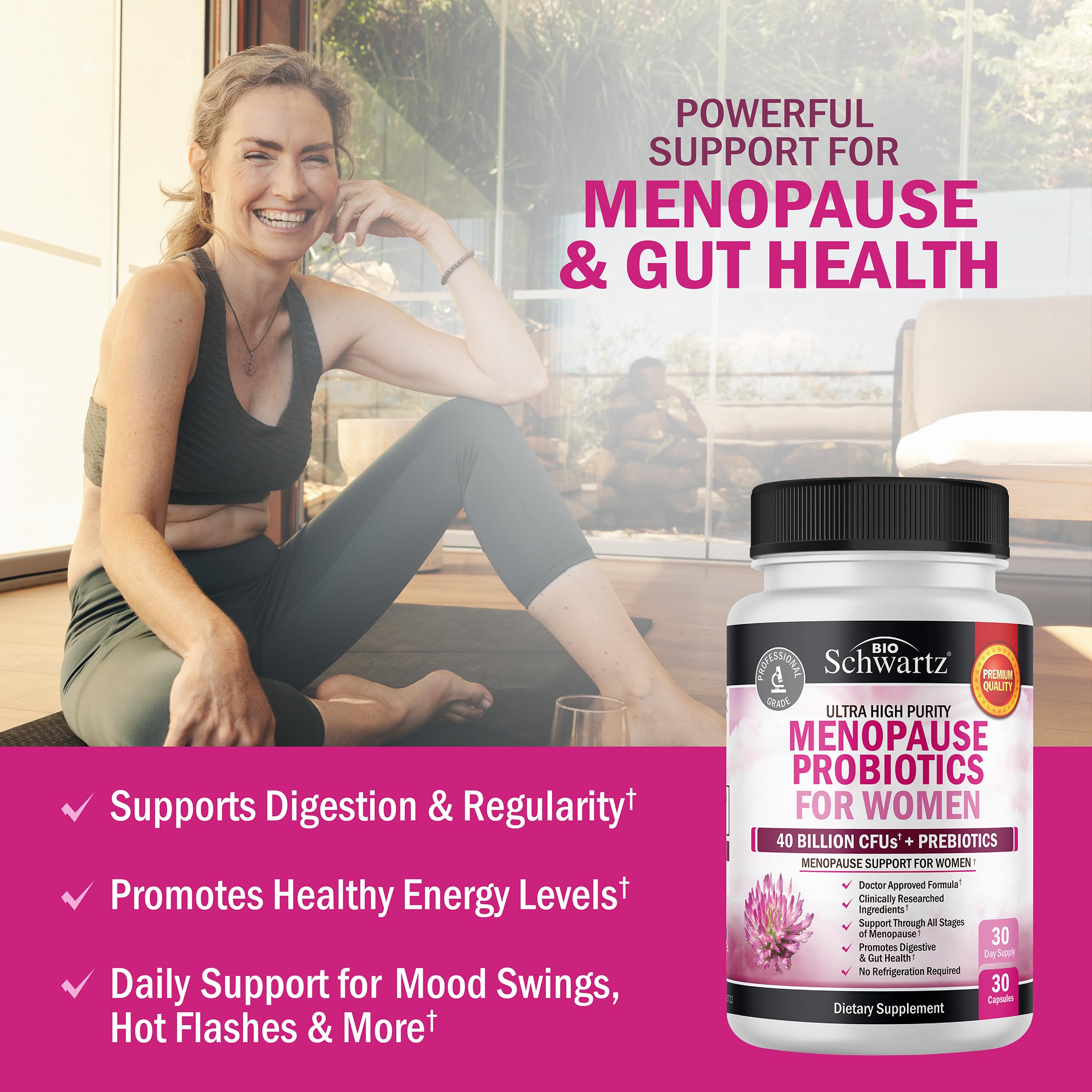 BioSchwartz Menopause Probiotics capsules closeup shows easy-to-swallow daily serving.