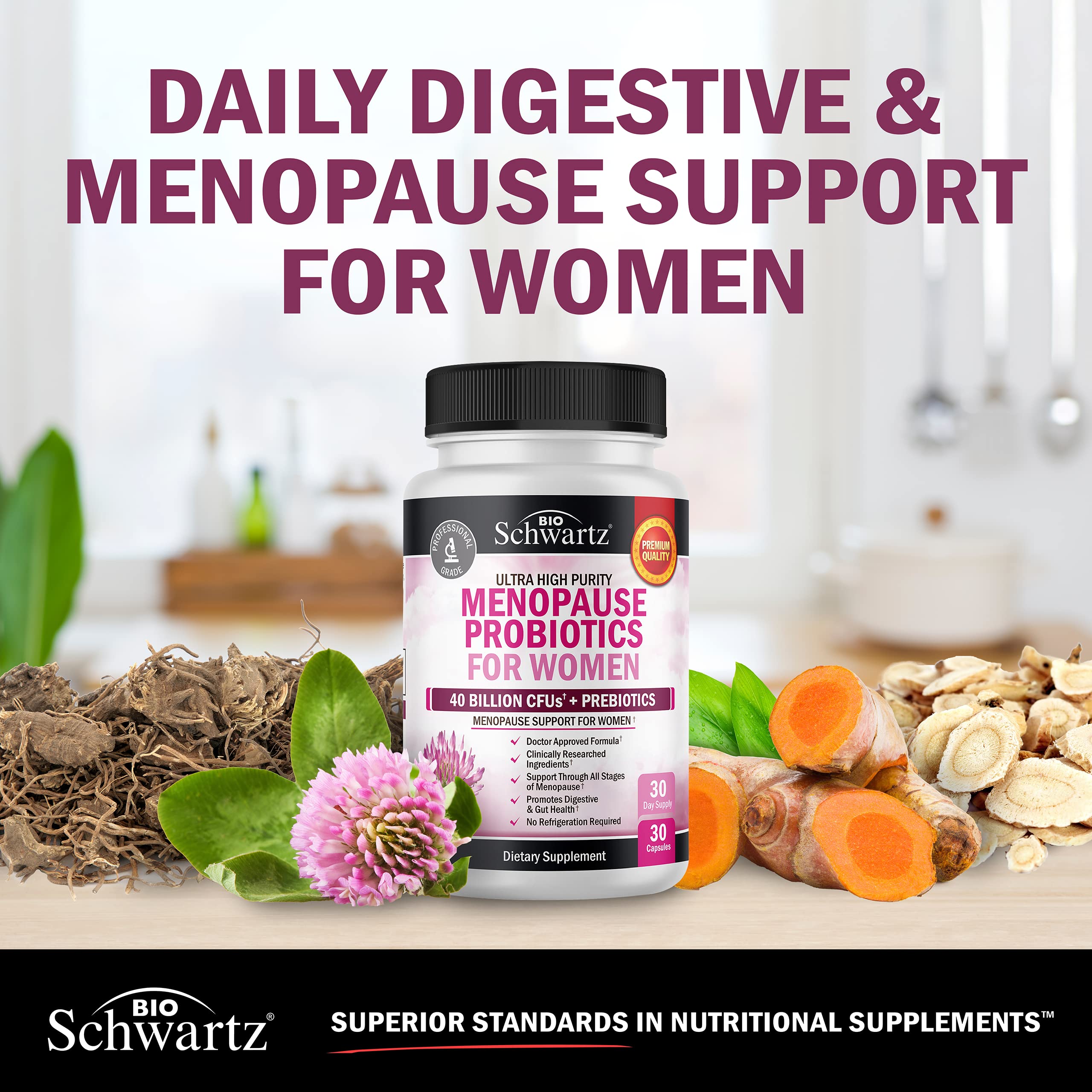 BioSchwartz Menopause Probiotics digest wellness focus supports daily balance.