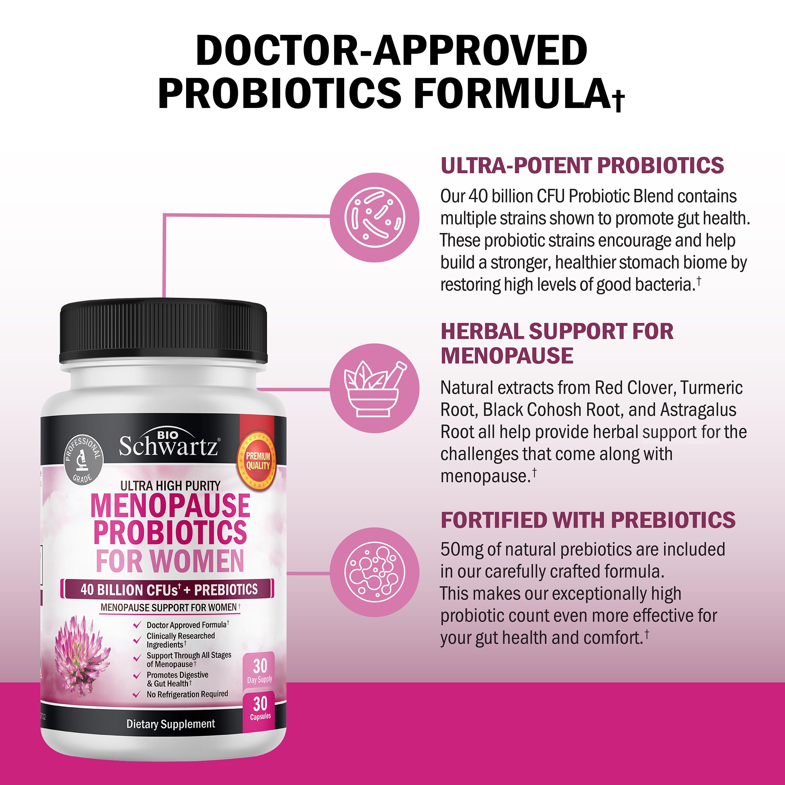 BioSchwartz Menopause Probiotics herbal blend scene features chasteberry and turmeric.