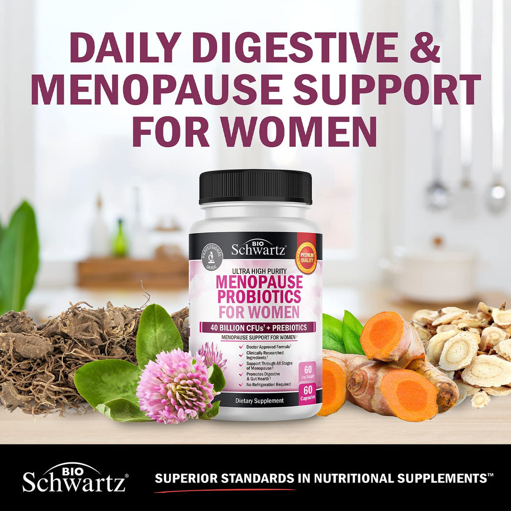 BioSchwartz menopause probiotics close-up features red clover and dong quai.