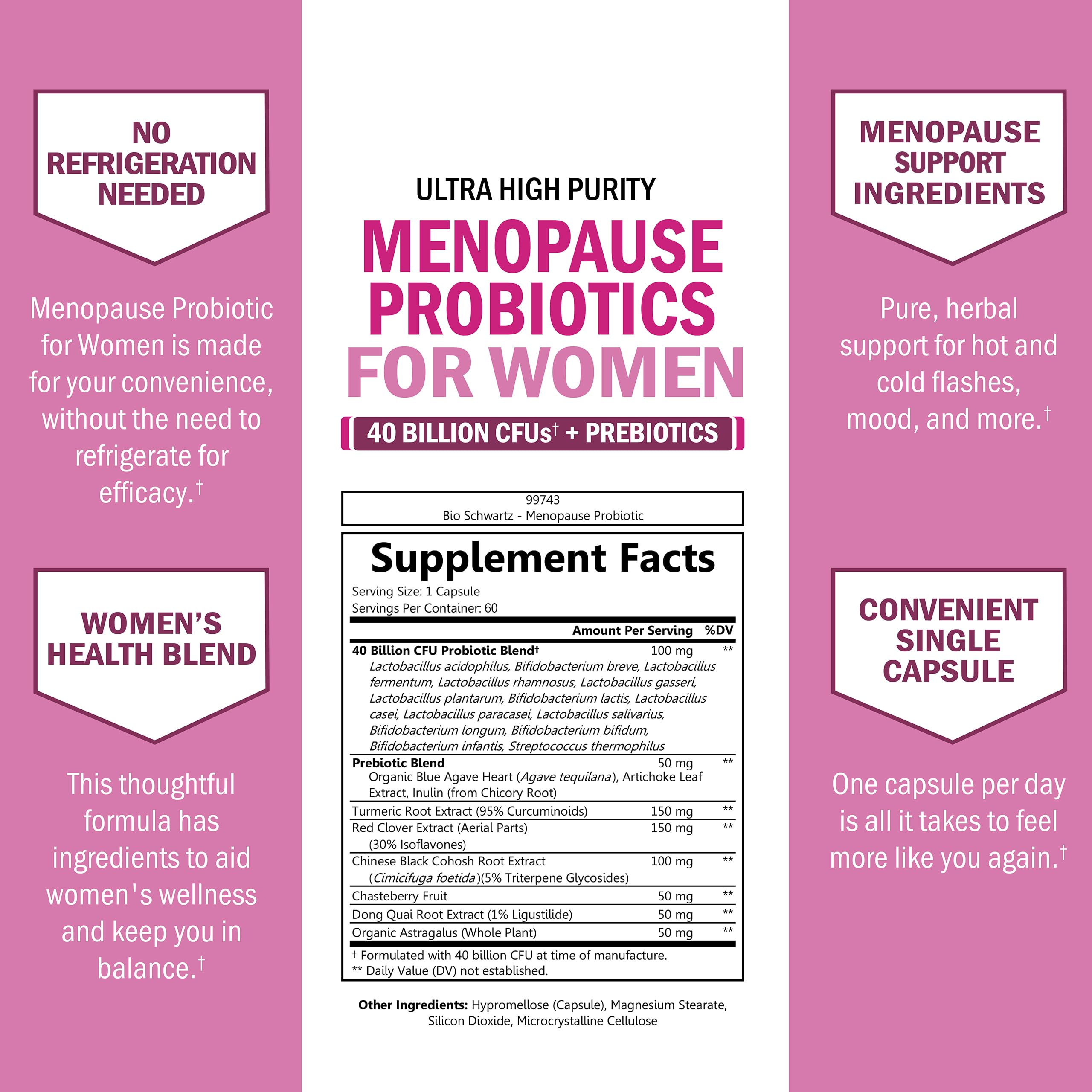 BioSchwartz menopause probiotics herbal-blend image emphasizes chasteberry and turmeric.