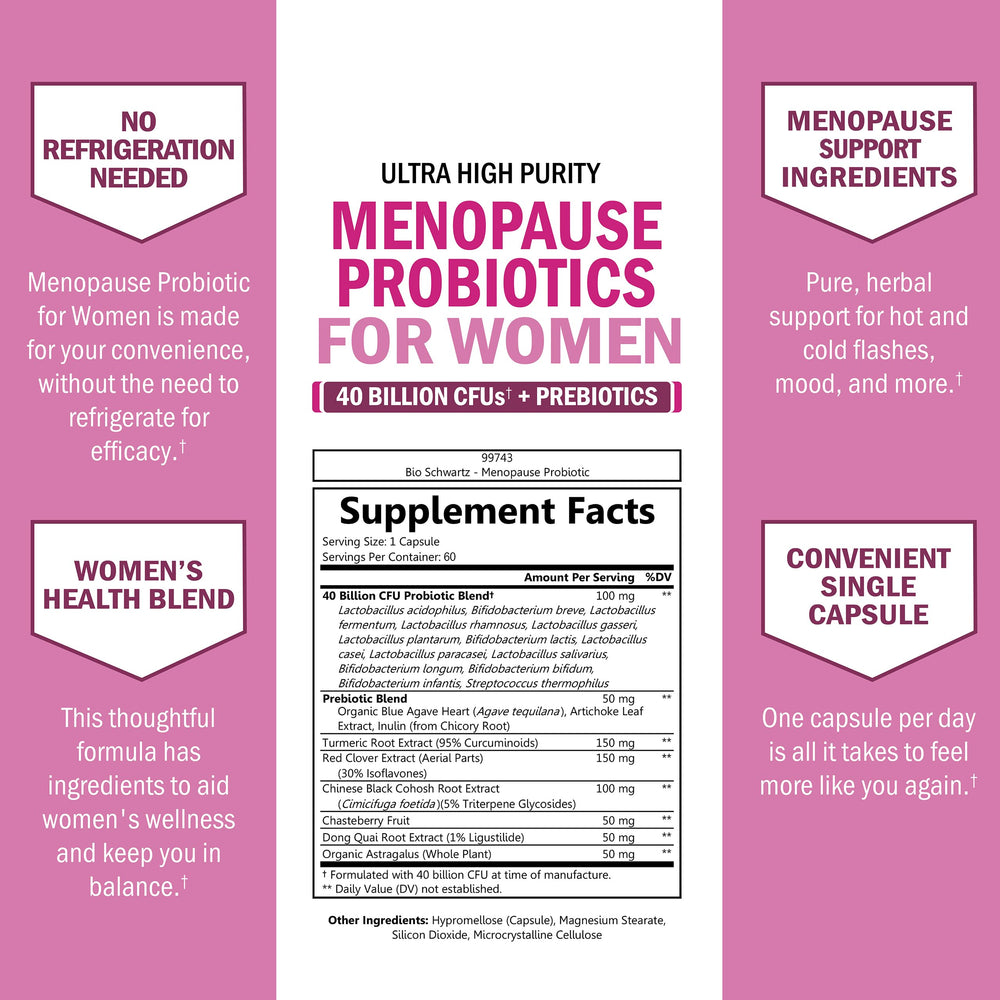 BioSchwartz menopause probiotics herbal-blend image emphasizes chasteberry and turmeric.