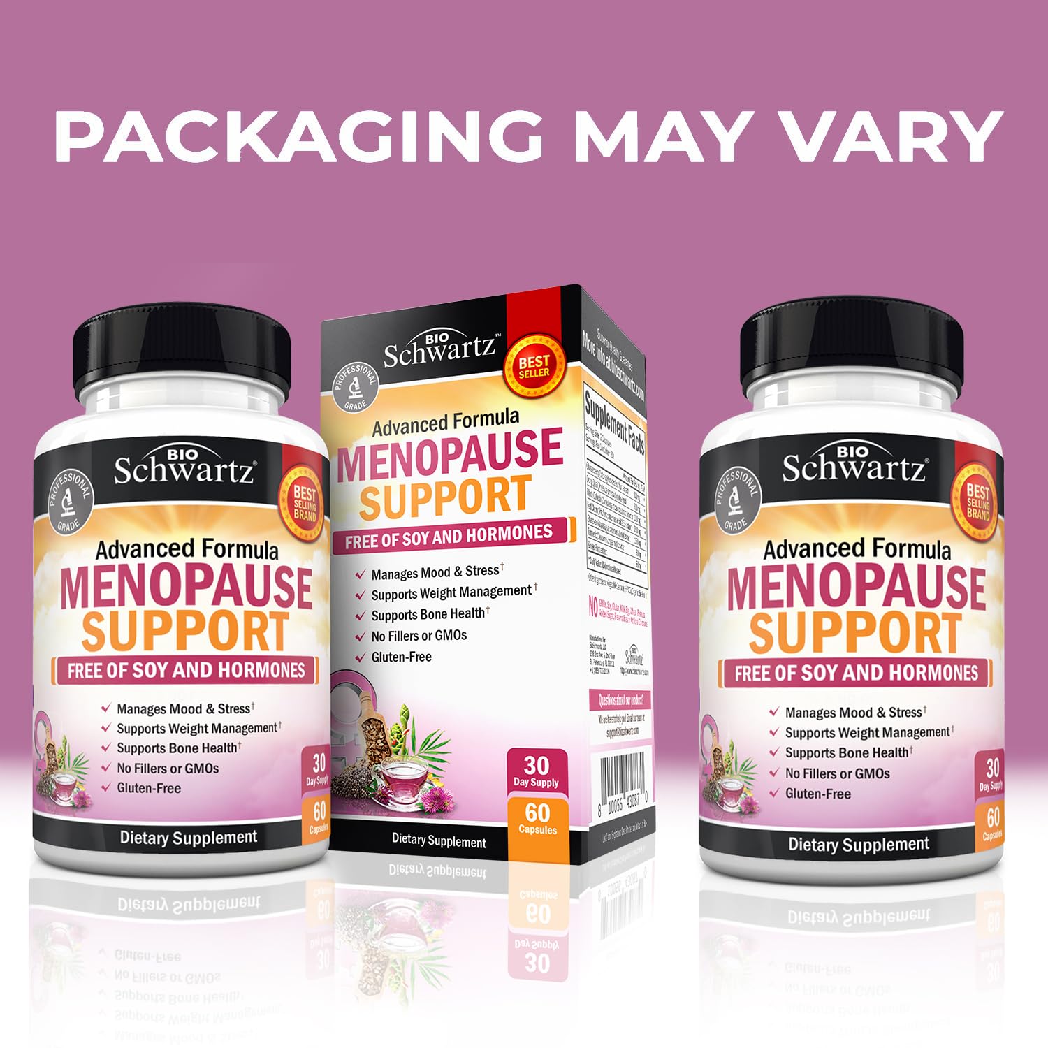 BioSchwartz menopause support capsules close-up, easy-to-swallow vegetarian formula.