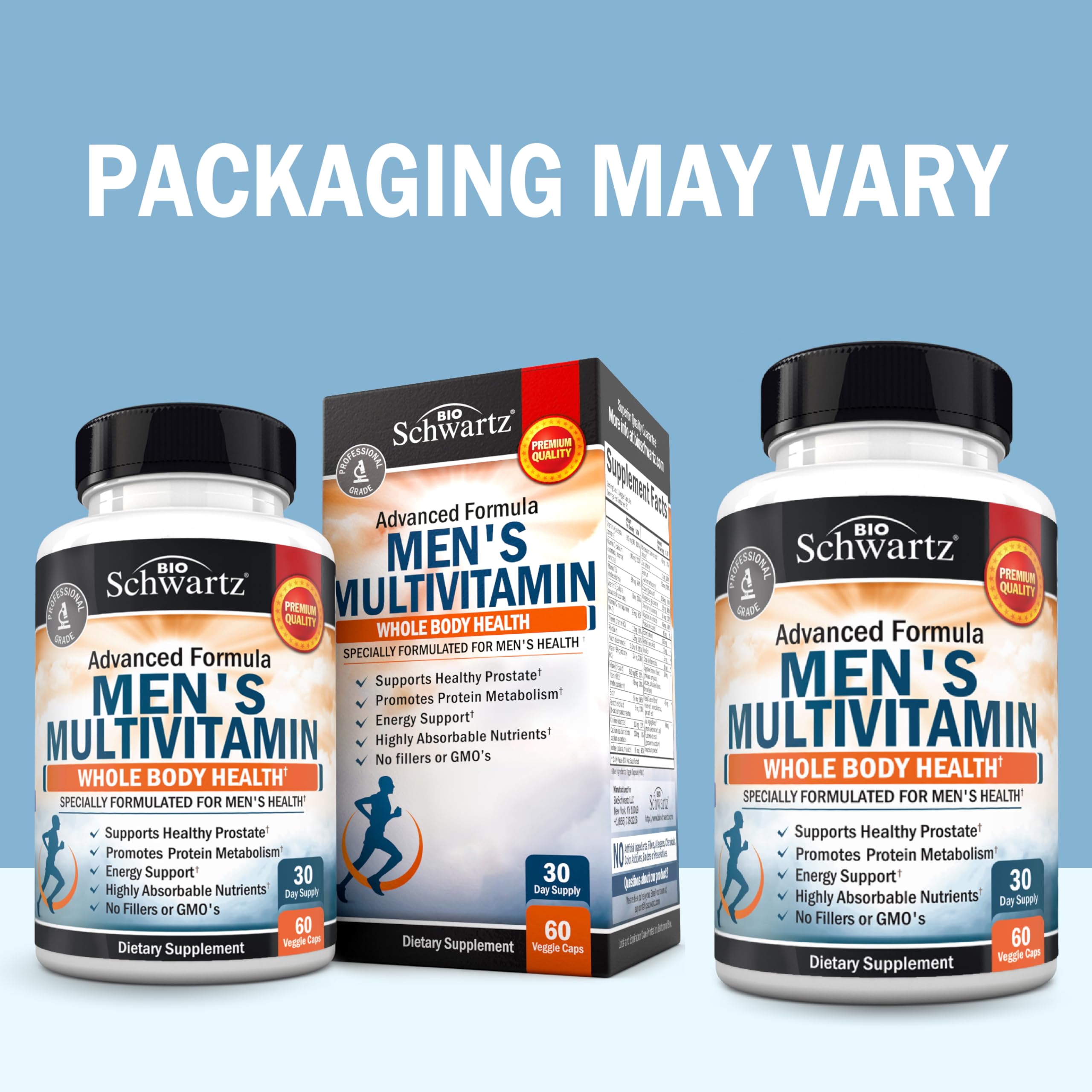BioSchwartz Men's Multivitamin ingredients label shows vitamins A, B, C, D3, E and zinc for daily wellness.