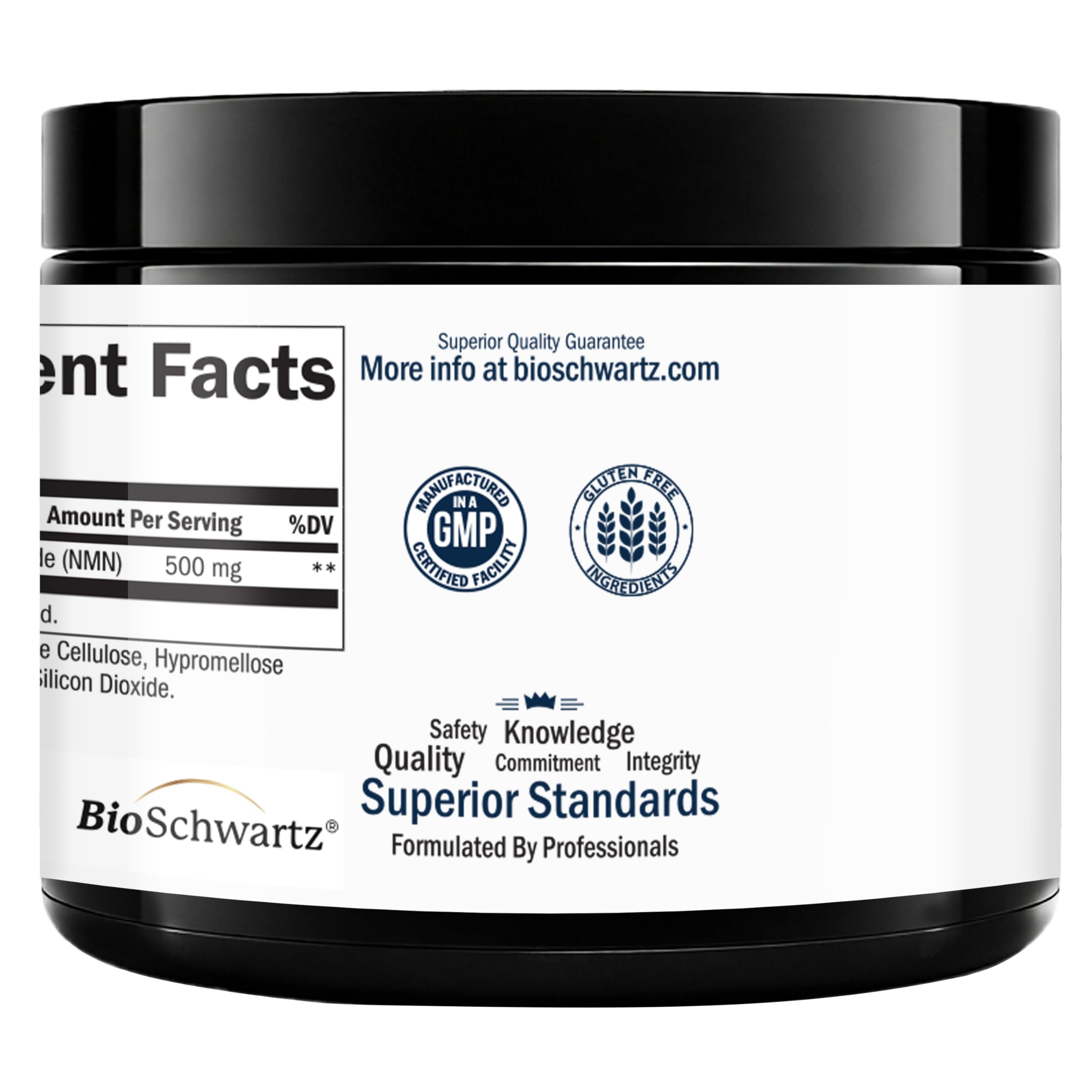 Label detail showcases NMN 500mg and serving information for clarity.
