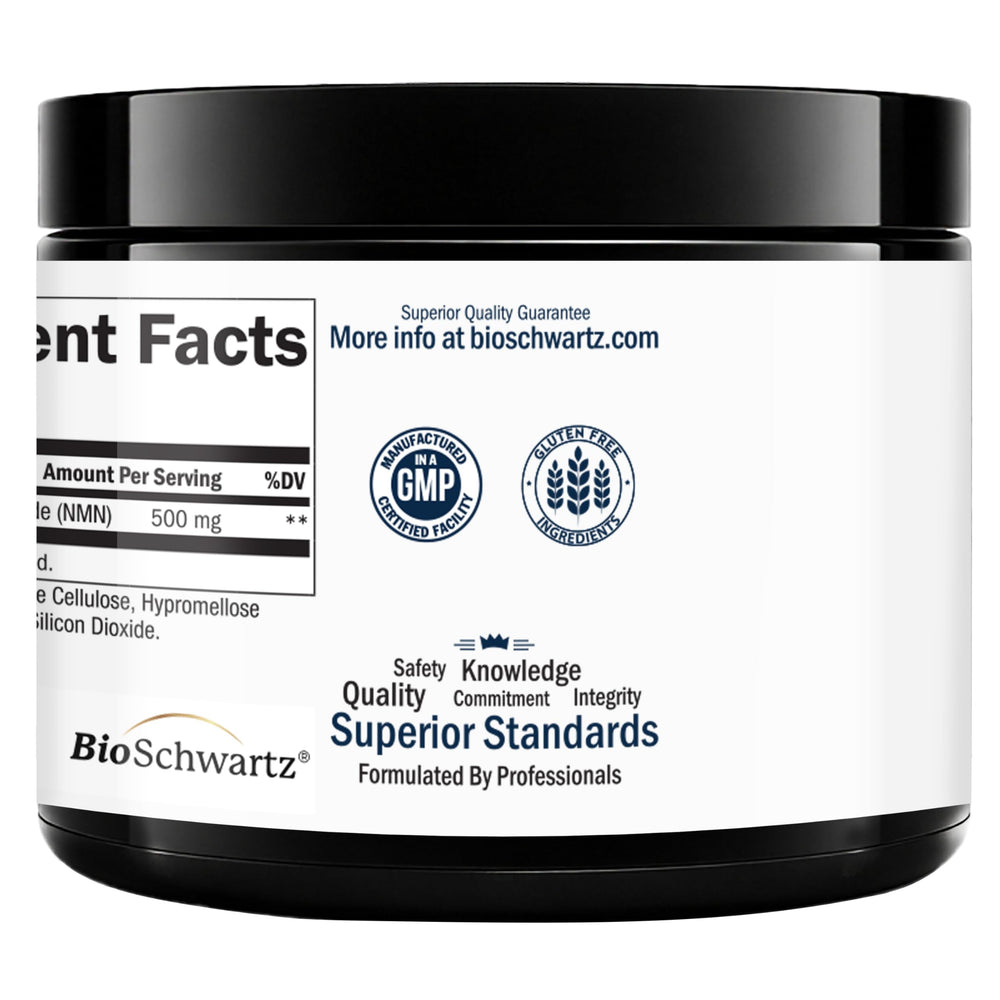 Label detail showcases NMN 500mg and serving information for clarity.