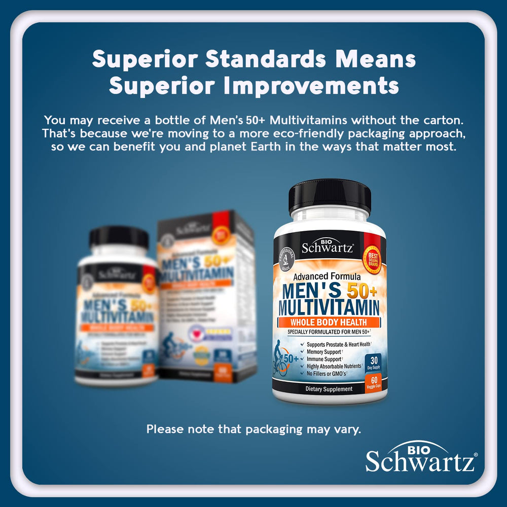BioSchwartz 50+ multivitamin label highlights heart and brain support.