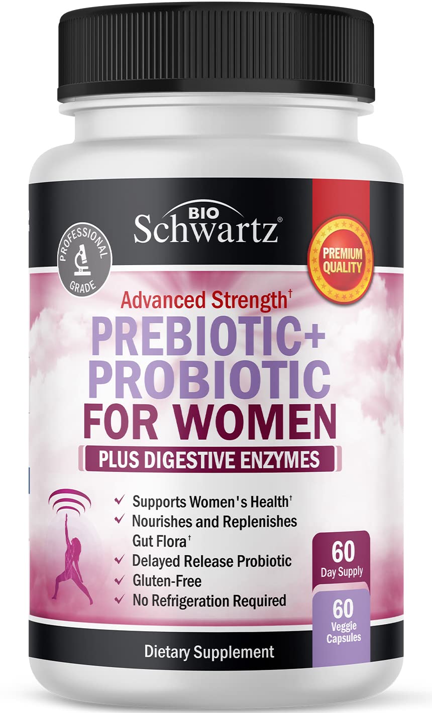 BioSchwartz prebiotics and probiotics bottle supports daily gut balance and overall wellness
