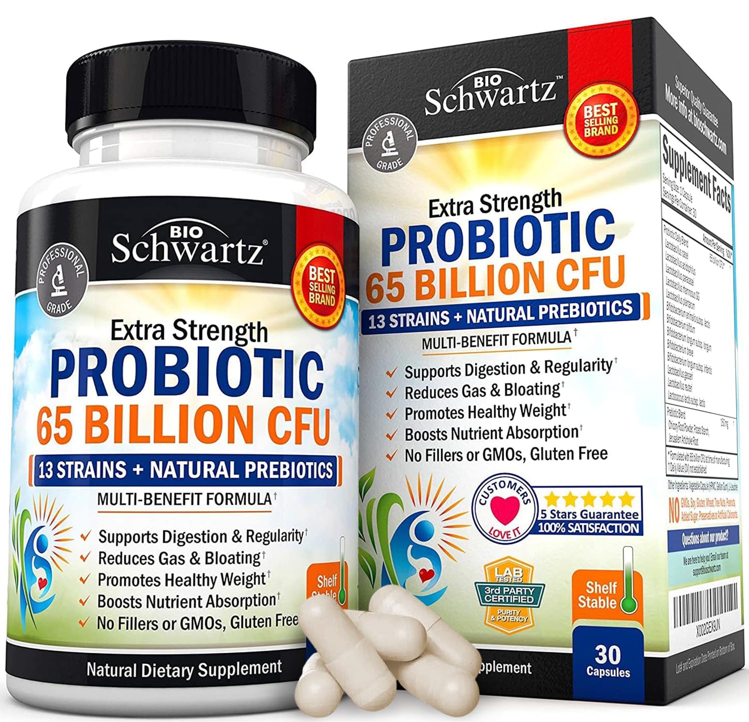 BioSchwartz probiotic 65-billion bottle with capsules for daily digestive support.