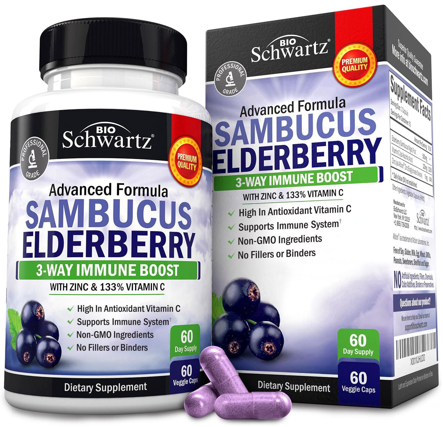 BioSchwartz Sambucus cápsulas frente del envase para apoyo diario del sistema inmune.
