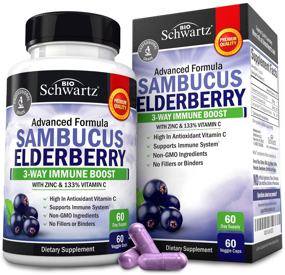 BioSchwartz Sambucus cápsulas frente del envase para apoyo diario del sistema inmune.