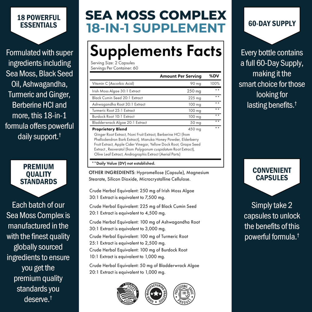 BioSchwartz Sea Moss bottle side view highlighting convenient daily capsule format.