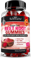 BioSchwartz sugar-free beet root gummies bottle with strawberry flavor supports natural energy.