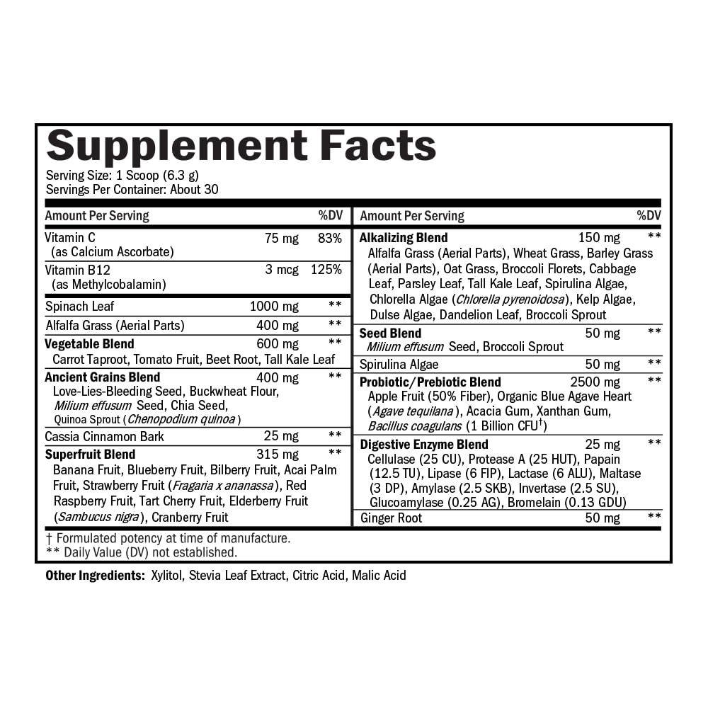 BioSchwartz greens powder bottle with glass ready for energy and digestion.