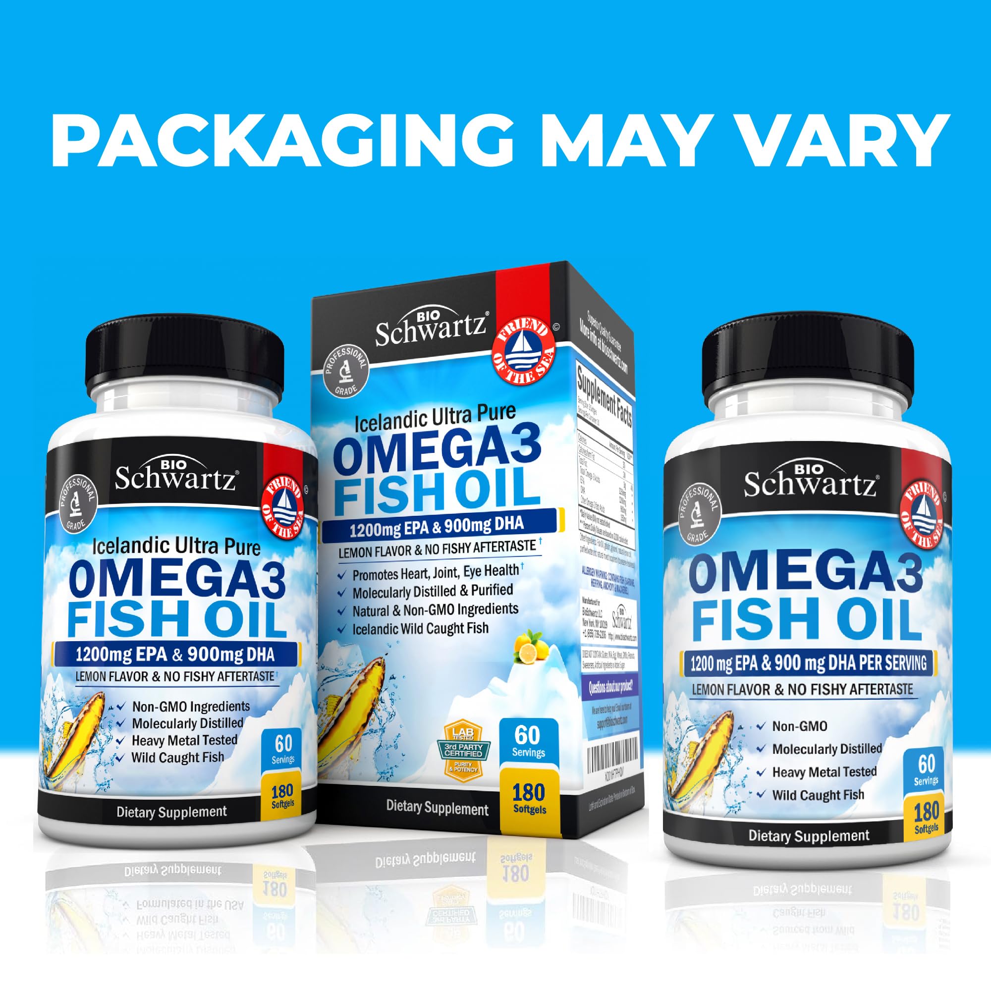 BioSchwartz Omega-3 softgels close up showing burpless lemon flavor