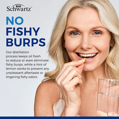 BioSchwartz softgels closeup emphasizes burpless, easy-to-swallow design.