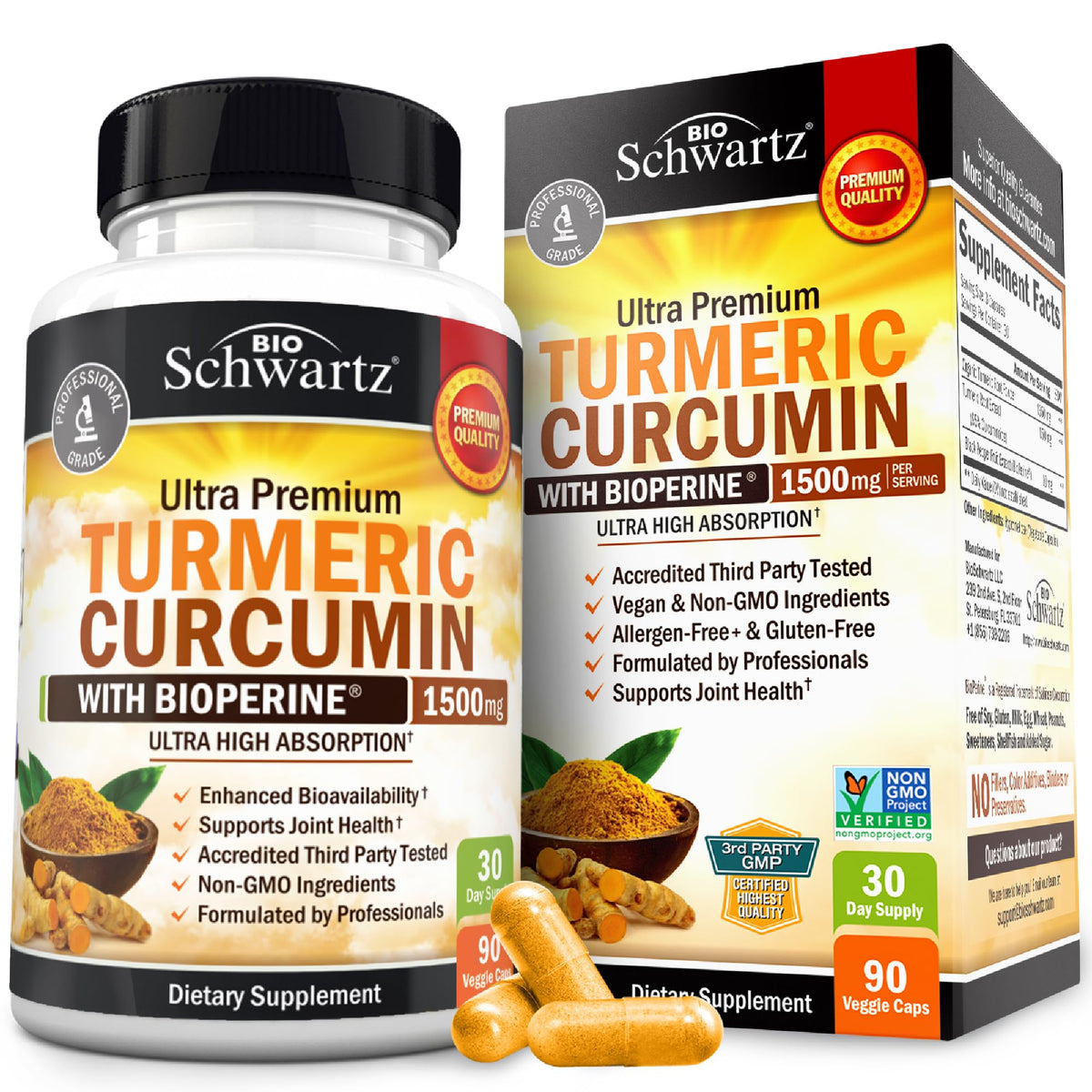 BioSchwartz turmeric curcumin bottle showing 1500mg with BioPerine for enhanced absorption.