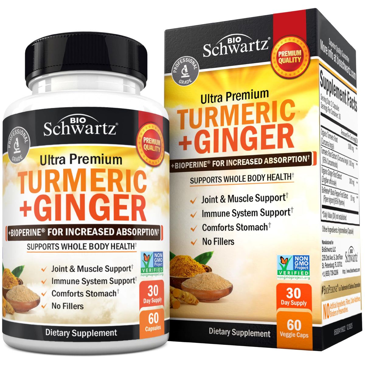 BioSchwartz Turmeric Curcumin and Ginger bottle promoting daily joint support.