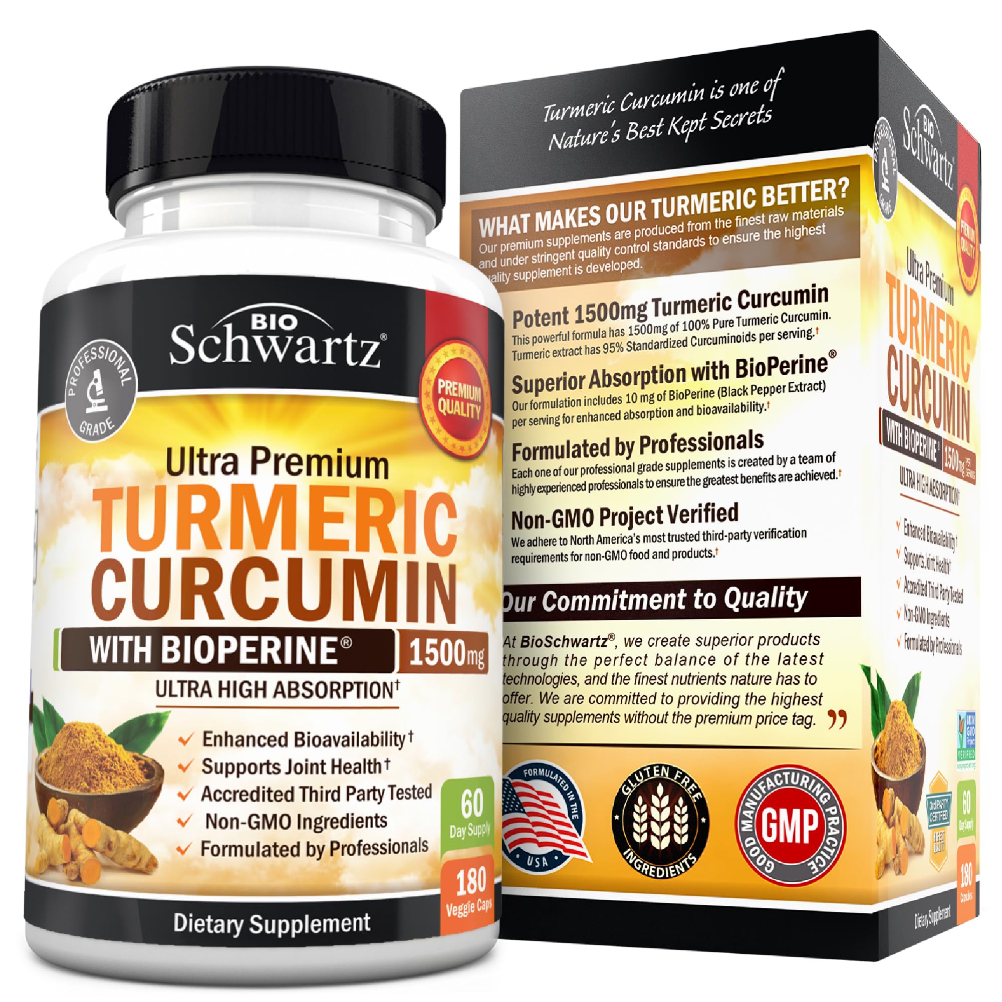 BioSchwartz turmeric curcumin packaging beside a glass of water for daily use