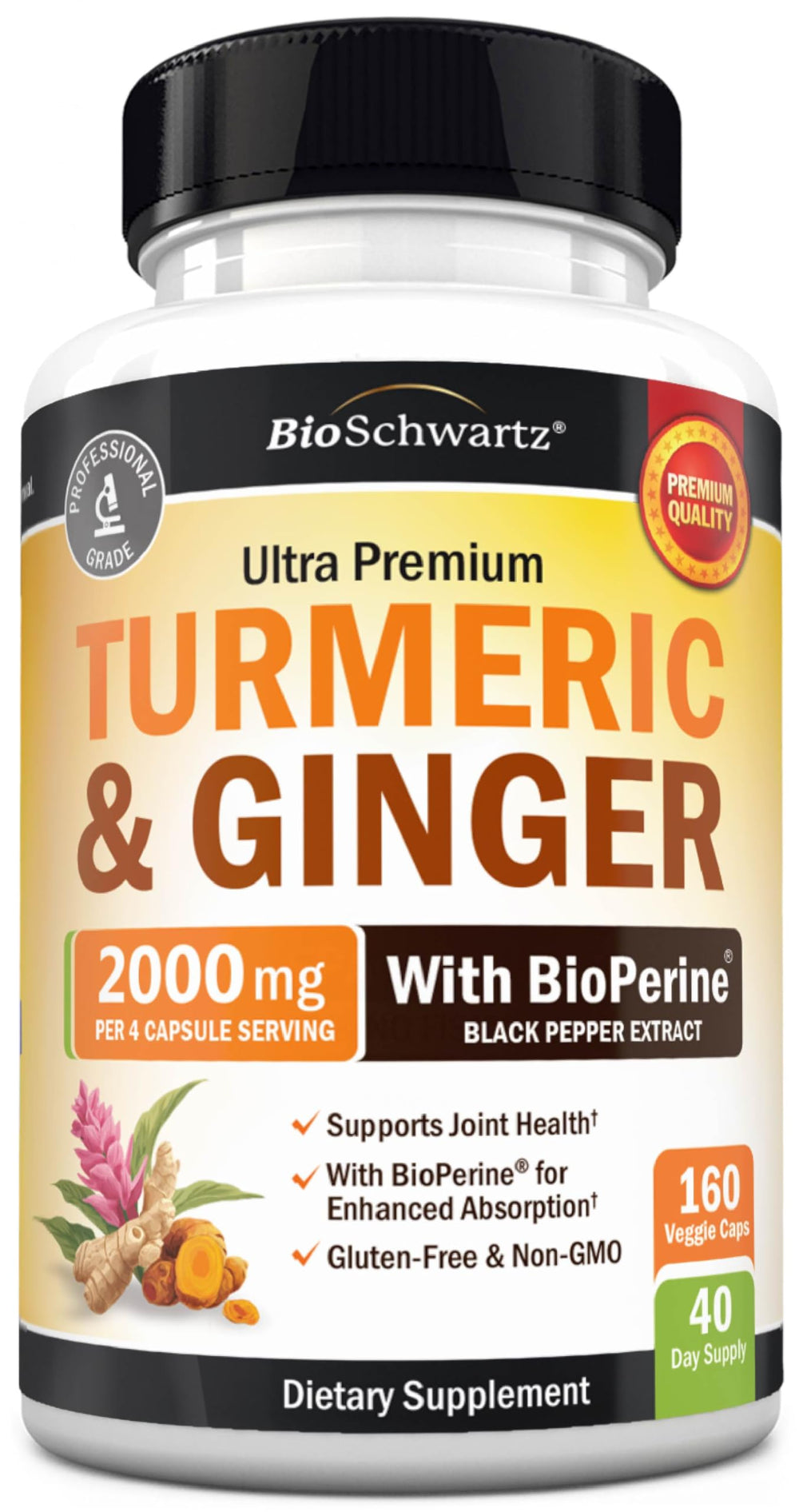 BioSchwartz turmeric ginger supplement bottle for daily joint and digestion support.